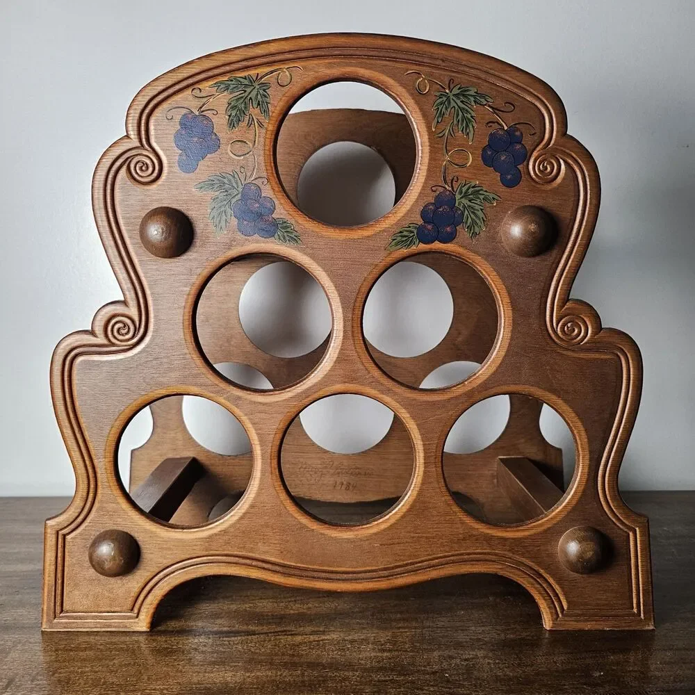 Vintage 1980s Wooden Wine Rack Hand Painted Grapes Holds 6 Bottles Rustic